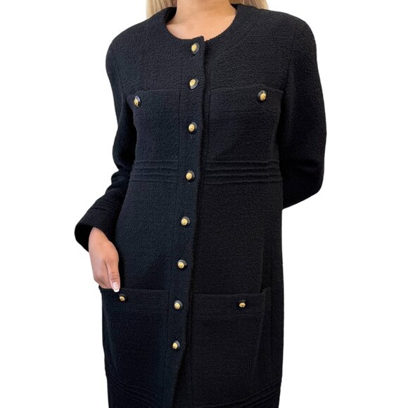 CHANEL Vintage CC Logo Long Tweed Jacket #M Coat Black Gold Wool Silk [105043] - Picture 1 of 12
